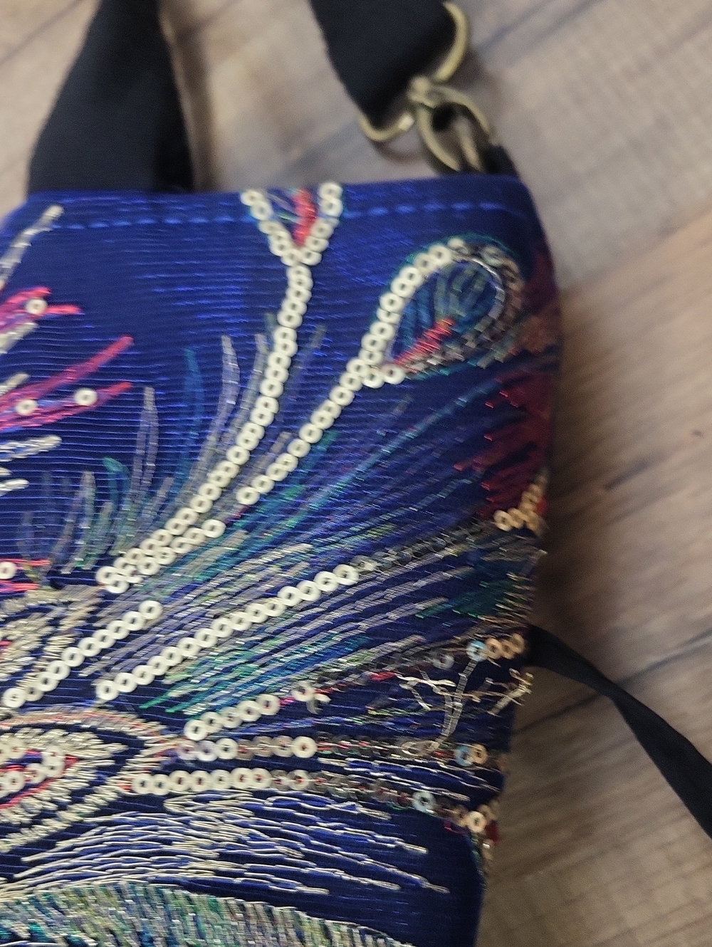 Blue Sequin Peacock Lightweight Handle & Removable Crossbody Strap Bag - Picture 6 of 15